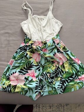 Jolie & Joy White Ribbed Cami Romper with Tropical Floral Bottom